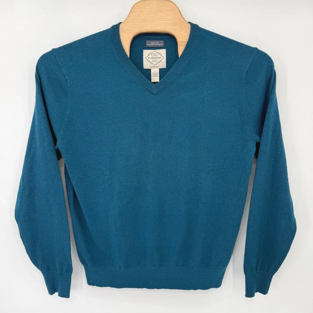 St. John's Bay Sweater Mens L Majolica Blue V-Neck Super Soft Cotton Blend 5602
